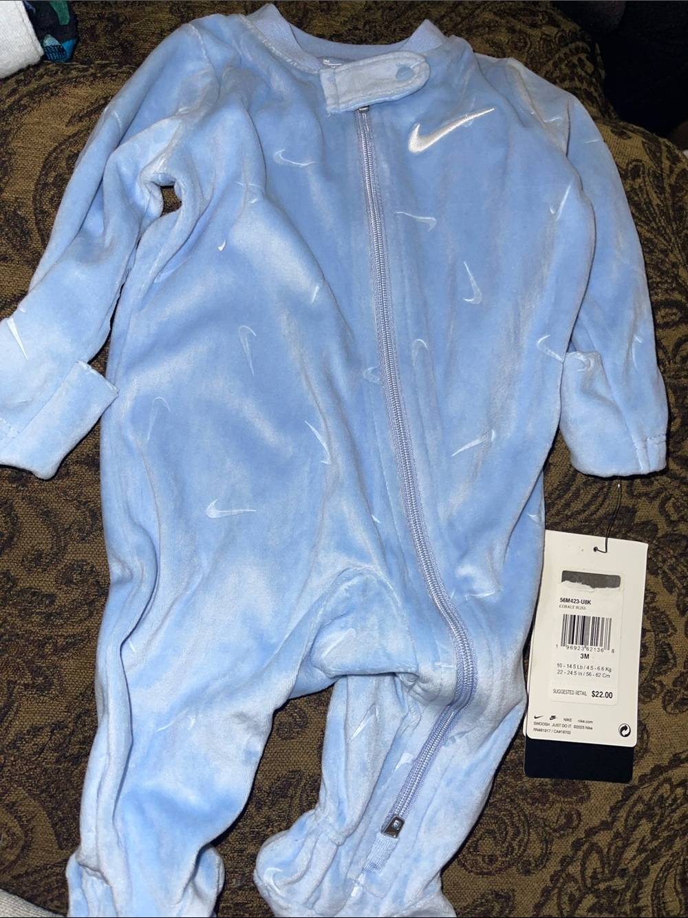 Nike Light Blue Baby Velour Footed One-Piece with Swooshes 3M